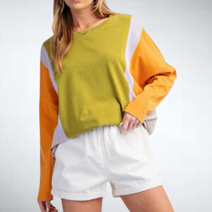 Easel Color Block Mineral Washed Cotton Long Sleeve Top Size S
